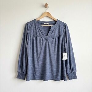 Retrology Poseidon Blue Heathered Split Neck Smocked Cuff Blouse Large NWT L